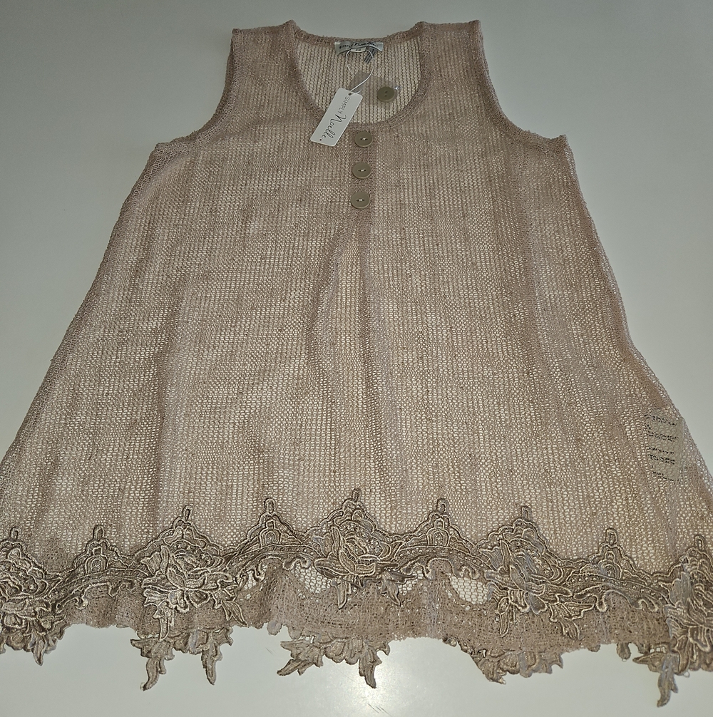Simply Noelle Beige Sequin Lace-Hem Knit Cover Tank Top